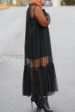 Black Sexy Solid Patchwork See-through O Neck Long Sleeve Two Pieces