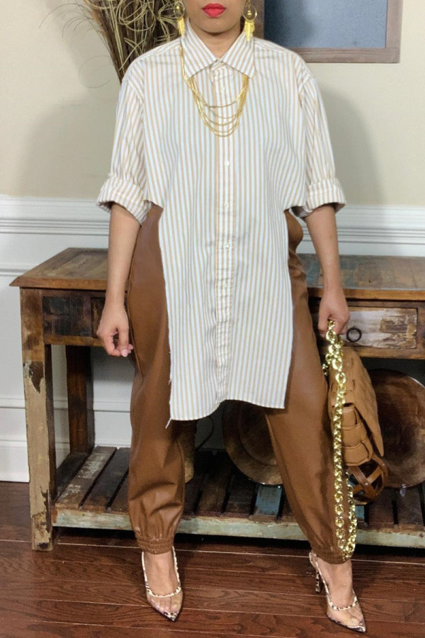 Beige Fashion Casual Striped Asymmetrical Turndown Collar Tops