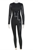 Black Fashion Sexy Patchwork See-through O Neck Skinny Jumpsuits