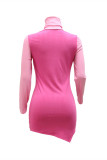 Rose Pink Fashion Sexy Solid Hollowed Out Patchwork Turtleneck Long Sleeve Dresses