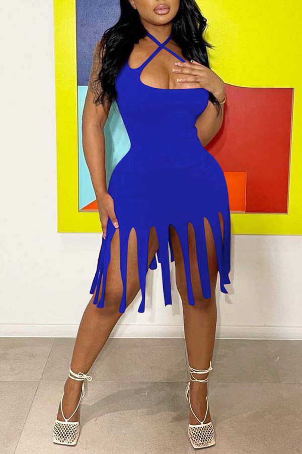 Blue Sexy Solid Tassel Split Joint Pencil Skirt Dresses