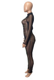 Black Fashion Sexy Solid Patchwork See-through Half A Turtleneck Skinny Jumpsuits