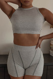 Grey Fashion Casual Solid Basic O Neck Sleeveless Two Pieces