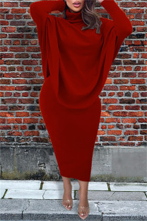 Red Fashion Casual Solid Split Joint Slit Asymmetrical Turtleneck Long Sleeve Two Pieces