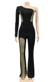 Red Fashion Sexy Patchwork Hollowed Out See-through Oblique Collar Regular Jumpsuits