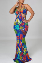 Multicolor Sexy Print Split Joint Frenulum Halter Dresses