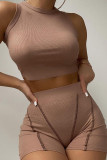 Grey Fashion Casual Solid Basic O Neck Sleeveless Two Pieces