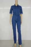 Deep Blue Casual Solid Patchwork Turndown Collar Boot Cut Jumpsuits