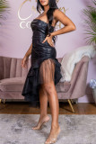 Black Fashion Sexy Solid Patchwork Strapless Irregular Dress