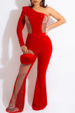 Red Fashion Sexy Patchwork Hollowed Out See-through Oblique Collar Regular Jumpsuits