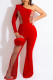 Red Fashion Sexy Patchwork Hollowed Out See-through Oblique Collar Regular Jumpsuits