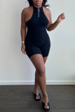 Black Fashion Sexy Casual Solid Zipper POLO collar Regular Jumpsuits