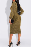 Gold Fashion Casual Bronzing Bright Silk V Neck Long Sleeve Dresses