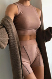 Grey Fashion Casual Solid Basic O Neck Sleeveless Two Pieces