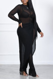 Black Fashion Sexy Solid Mesh O Neck Regular Jumpsuits