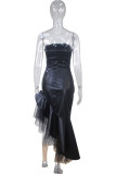 Black Fashion Sexy Solid Patchwork Strapless Irregular Dress