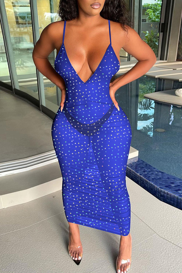 Royal Blue Sexy Solid Sequins Patchwork See-through Spaghetti Strap Sling Dress Dresses