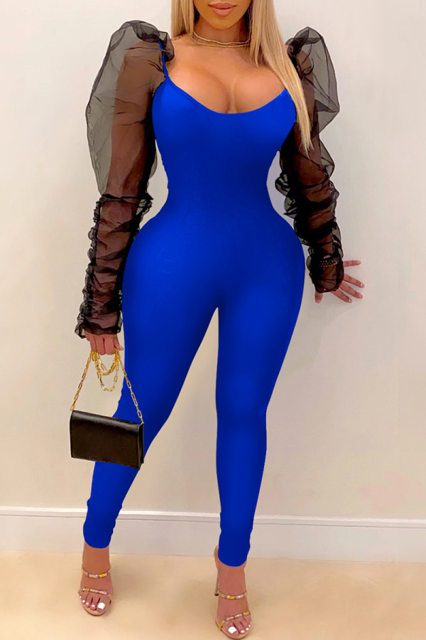 Blue Fashion Solid Patchwork O Neck Skinny Jumpsuits