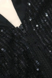 Black Elegant Solid Tassel Sequins Patchwork V Neck Irregular Dress Dresses