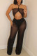 Black Sexy Solid Patchwork See-through Halter Straight Jumpsuits