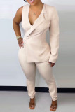 Cream White Fashion Casual Solid Vests V Neck Regular Jumpsuits