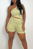 Yellow Sexy Solid Backless Asymmetrical Oblique Collar Sleeveless Two Pieces