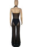 White Sexy Solid Patchwork See-through Halter Straight Jumpsuits