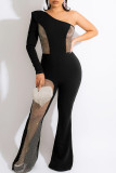Red Fashion Sexy Patchwork Hollowed Out See-through Oblique Collar Regular Jumpsuits