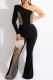 Black Fashion Sexy Patchwork Hollowed Out See-through Oblique Collar Regular Jumpsuits