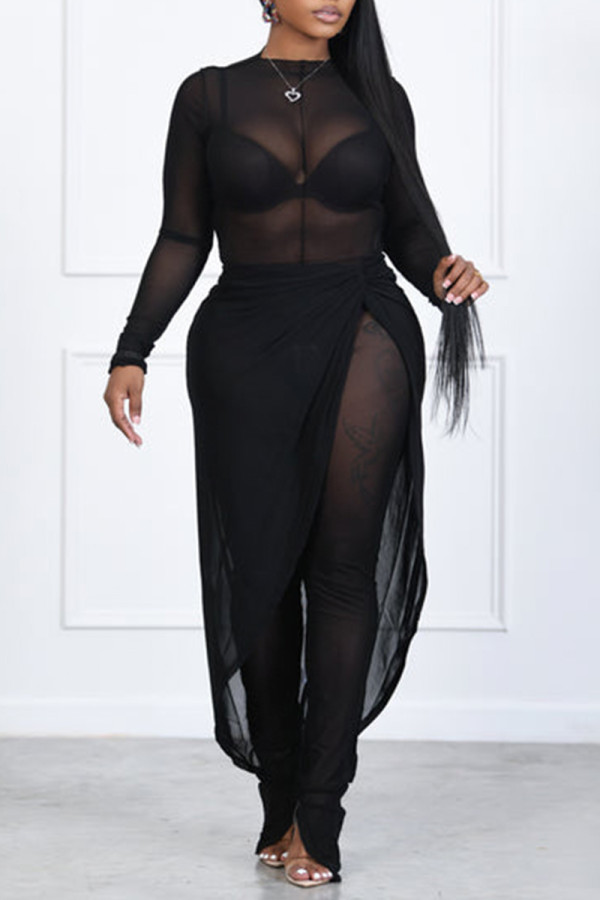 Black Fashion Sexy Solid Mesh O Neck Regular Jumpsuits
