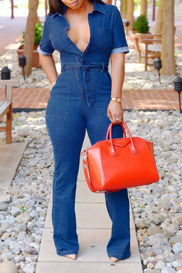 Deep Blue Casual Solid Patchwork Turndown Collar Boot Cut Jumpsuits