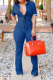 Deep Blue Casual Solid Patchwork Turndown Collar Boot Cut Jumpsuits