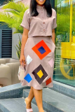 Apricot Casual Print Patchwork Turndown Collar Short Sleeve Two Pieces