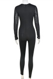 Black Fashion Sexy Patchwork See-through O Neck Skinny Jumpsuits