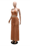 Orange Sexy Solid Bandage Hollowed Out See-through Backless Sleeveless Two Pieces