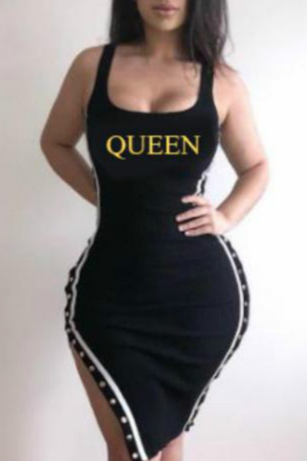 Black Casual Print Buckle Square Collar Irregular Dress Dresses