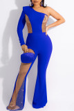 Red Fashion Sexy Patchwork Hollowed Out See-through Oblique Collar Regular Jumpsuits