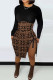 Brown Fashion Casual Print Patchwork Slit O Neck Long Sleeve Dresses