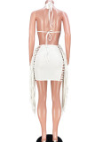 Yellow Sexy Solid Tassel Hollowed Out Patchwork Backless Halter Pencil Skirt Dresses