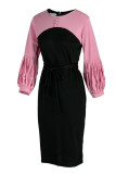 Pink Casual Solid Patchwork Slit Fold O Neck One Step Skirt Dresses