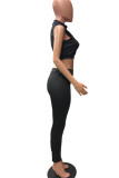 Black Sexy Solid Split Joint Asymmetrical O Neck Sleeveless Two Pieces