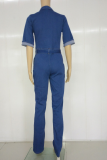 Deep Blue Casual Solid Patchwork Turndown Collar Boot Cut Jumpsuits