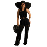Black Sexy Solid Patchwork See-through Flounce Strapless Sleeveless Two Pieces