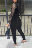 Black Fashion Sexy Patchwork See-through O Neck Skinny Jumpsuits