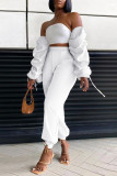 White Sexy Solid Patchwork Strapless Long Sleeve Two Pieces