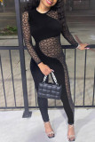 Black Fashion Sexy Patchwork See-through O Neck Skinny Jumpsuits