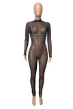 Black Fashion Sexy Solid Patchwork See-through Half A Turtleneck Skinny Jumpsuits