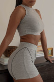 Grey Fashion Casual Solid Basic O Neck Sleeveless Two Pieces