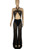 White Sexy Solid Patchwork See-through Halter Straight Jumpsuits