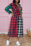 Multi-color Plaid Print Patchwork Turndown Collar Shirt Dress Dresses